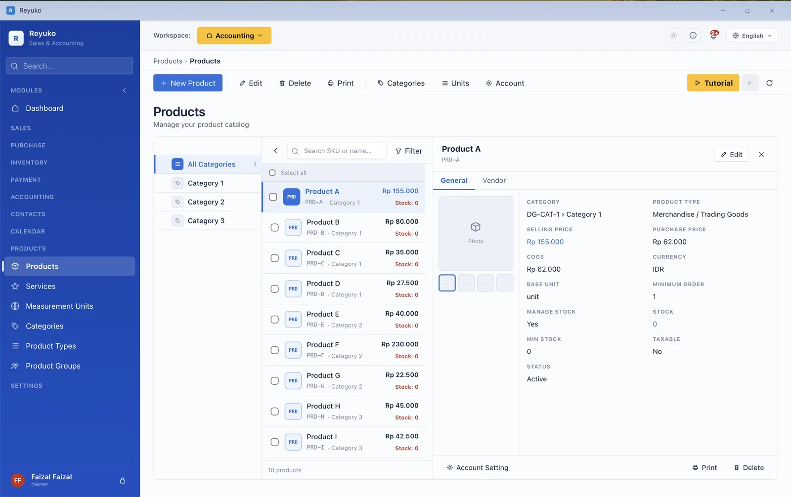 Product catalog showing an item's type, prices, cost of goods, tax and stock settings