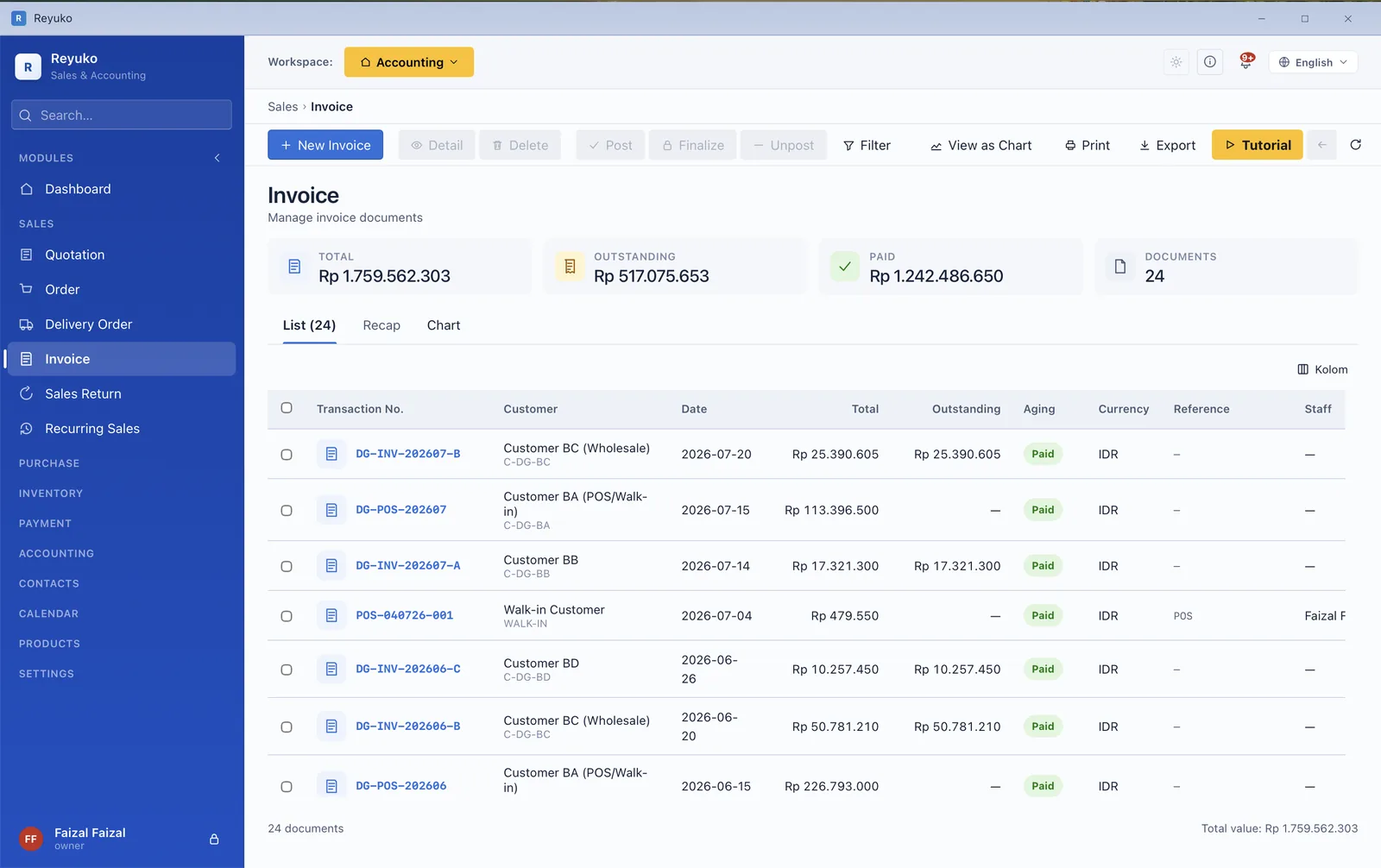 Reyuko sales invoice list showing totals, outstanding amounts and per-document status