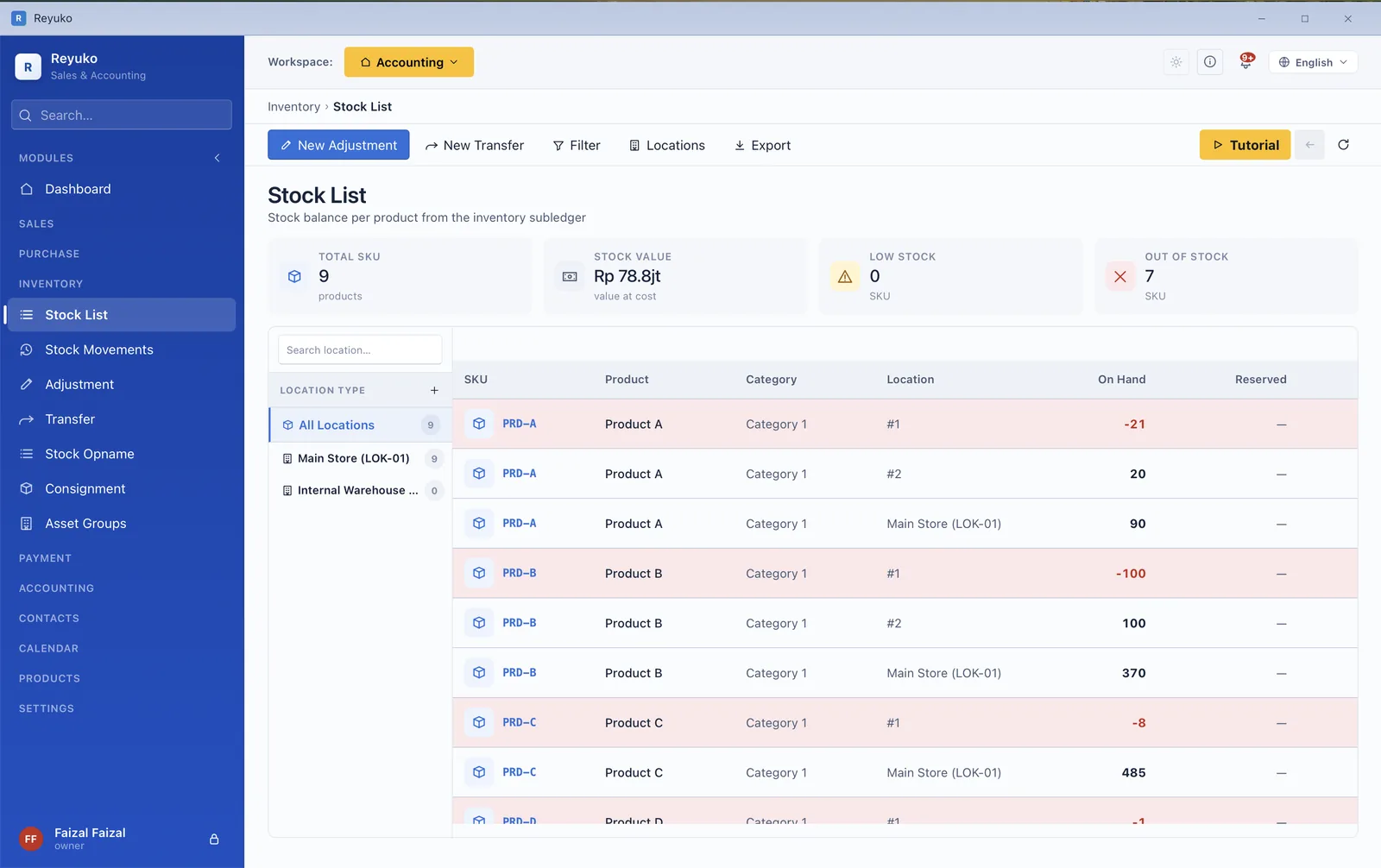 Reyuko stock list showing on-hand balance per product and per location