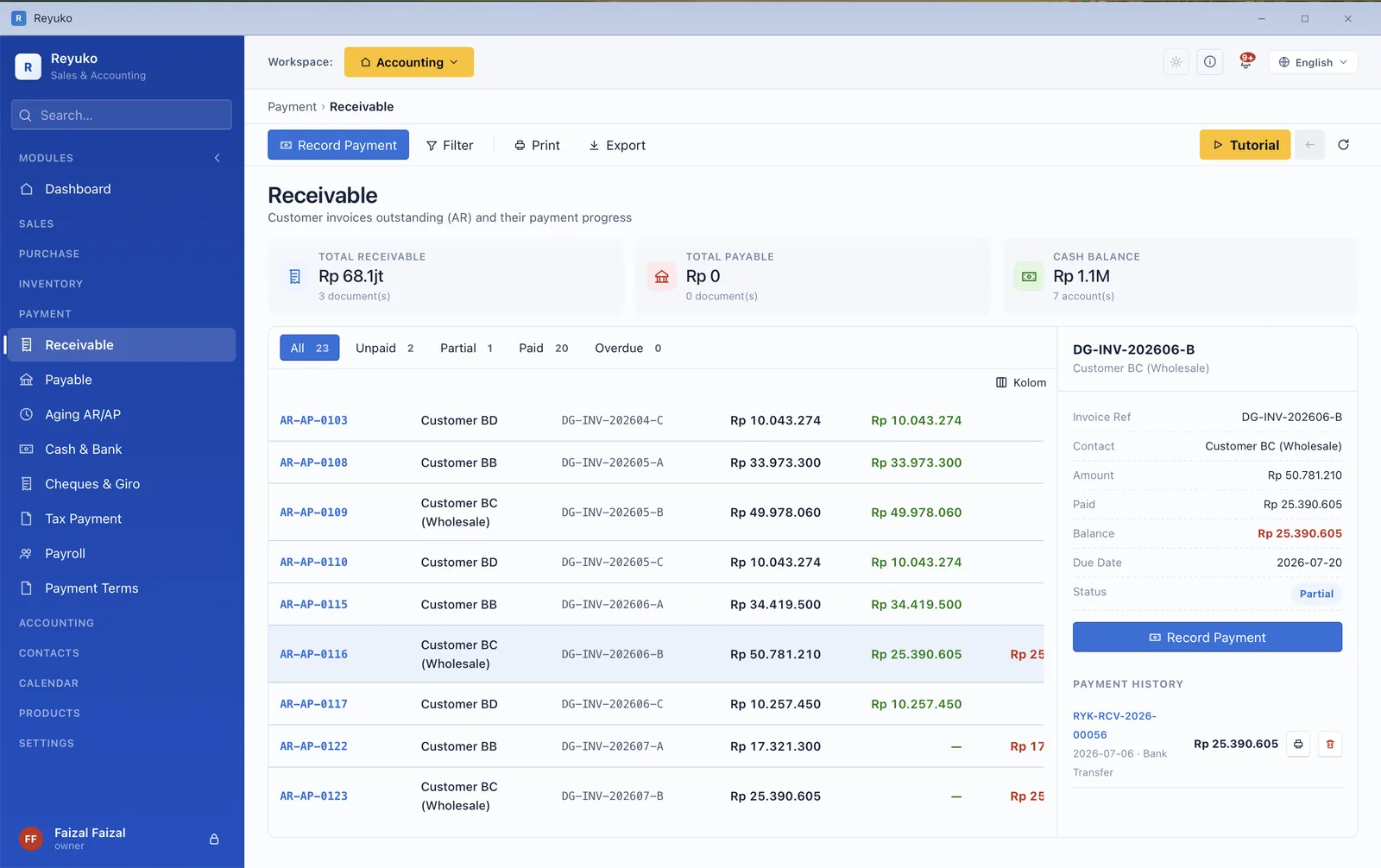 Reyuko receivables with aging tabs and per-invoice payment progress