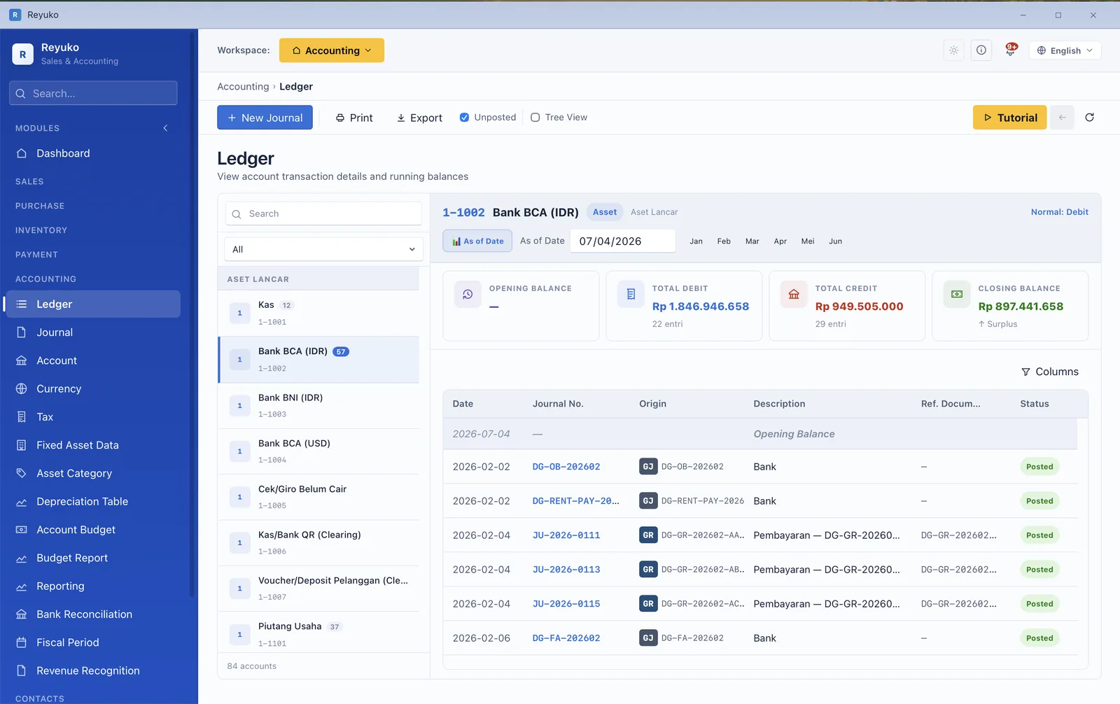 Reyuko general ledger: an account's entries with a running balance