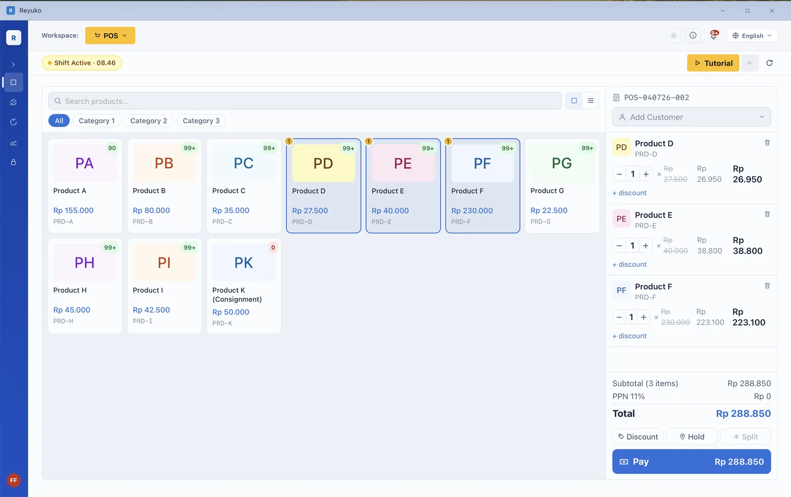 Reyuko point of sale screen with product grid, cart and running sale total