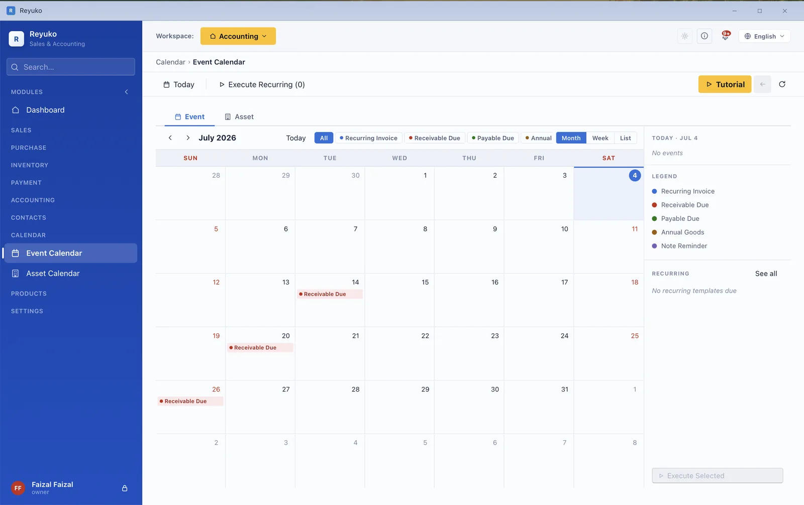 Calendar showing due dates and recurring documents marked on the month grid