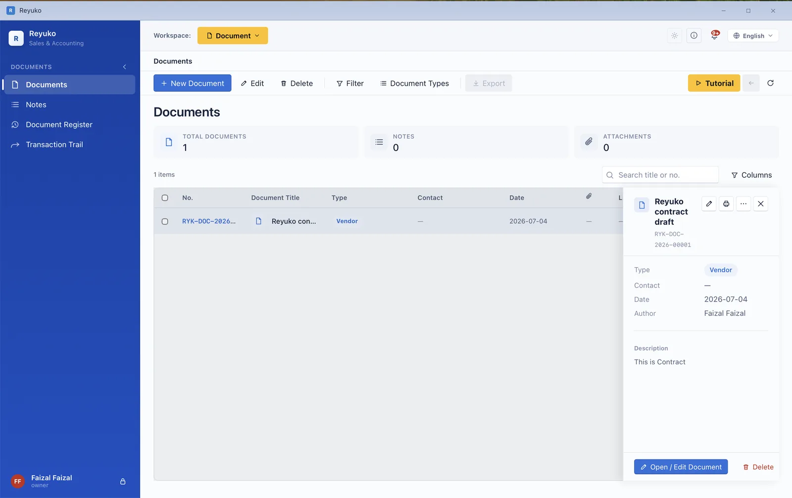Documents list with a record's detail and attachments