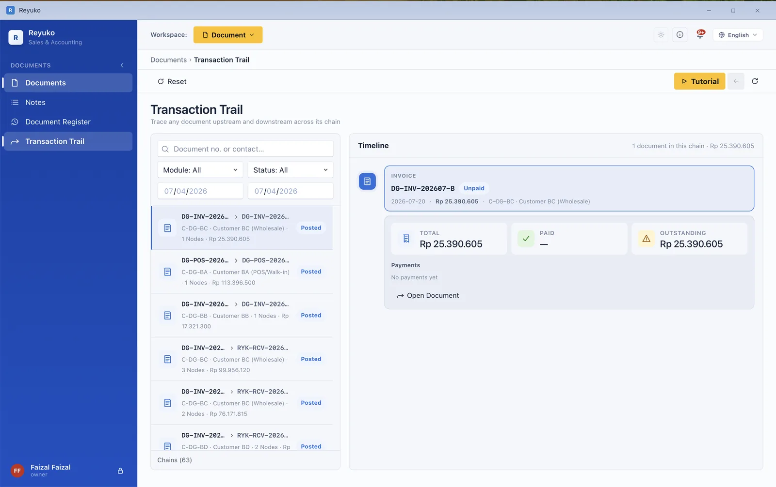 Reyuko transaction trail showing a document's full chain with settlement status