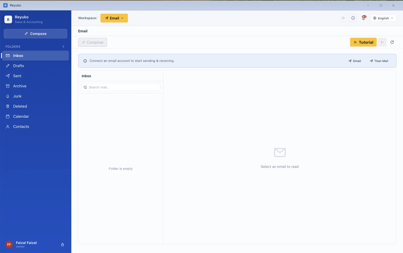 Reyuko built-in mail client inbox, connected to a mailbox for sending and receiving