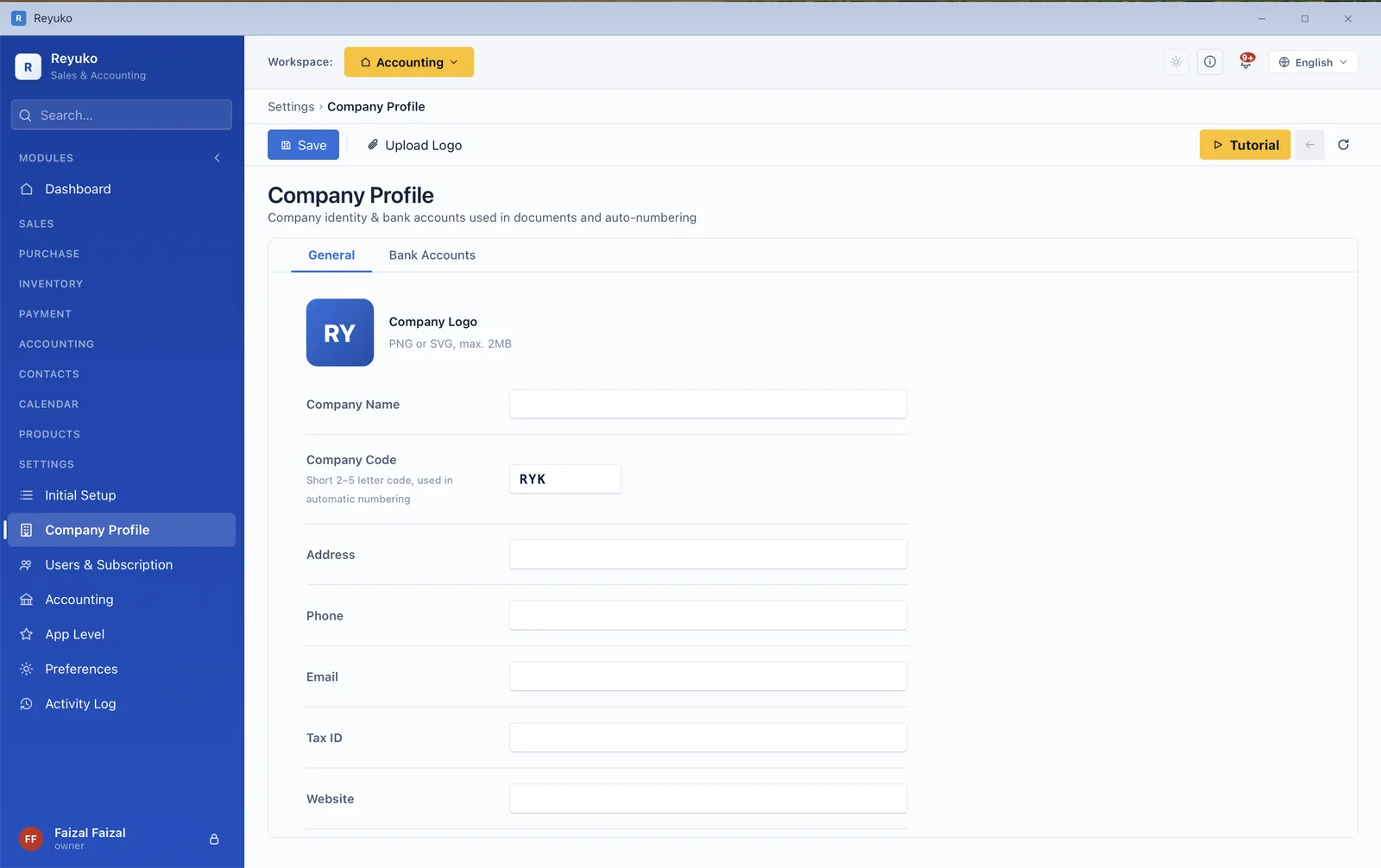 Company profile settings with name, logo, address, tax ID and bank accounts
