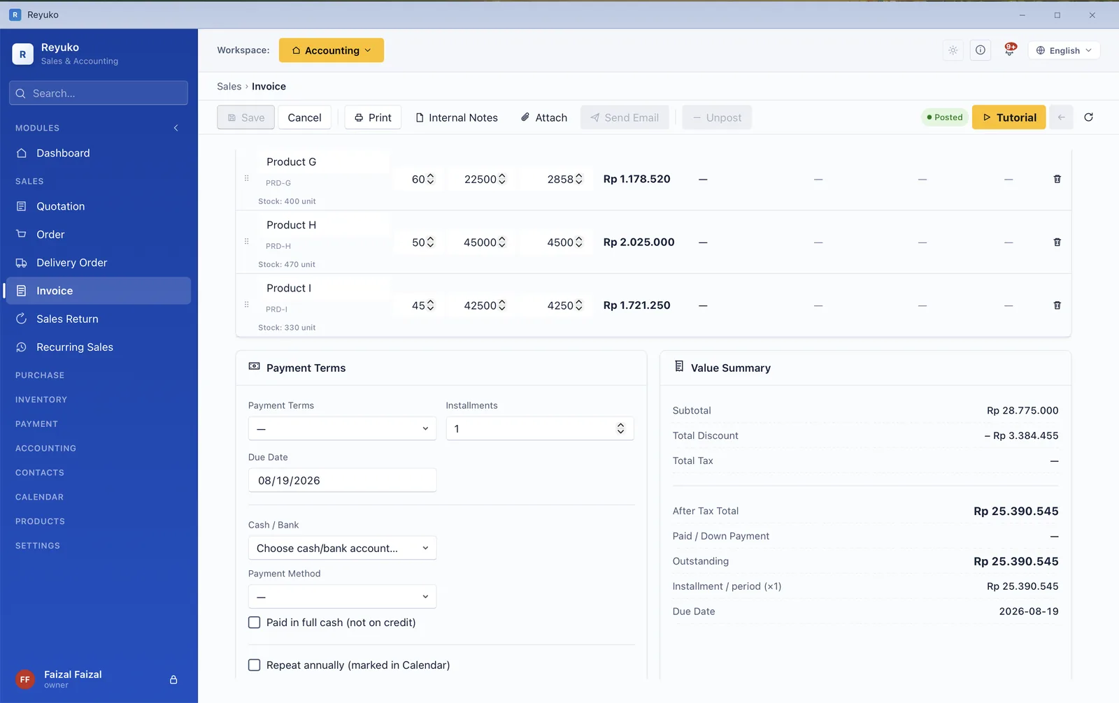 Invoice detail with line items, payment terms and value summary