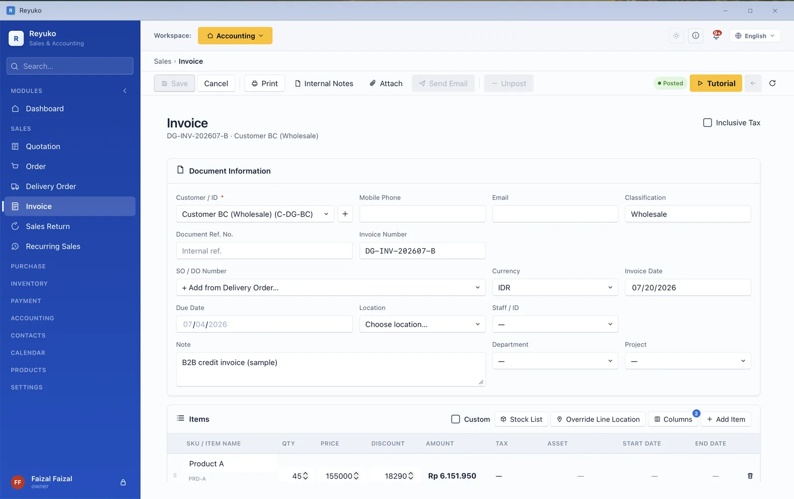 Reyuko new sales invoice form with document information and item lines