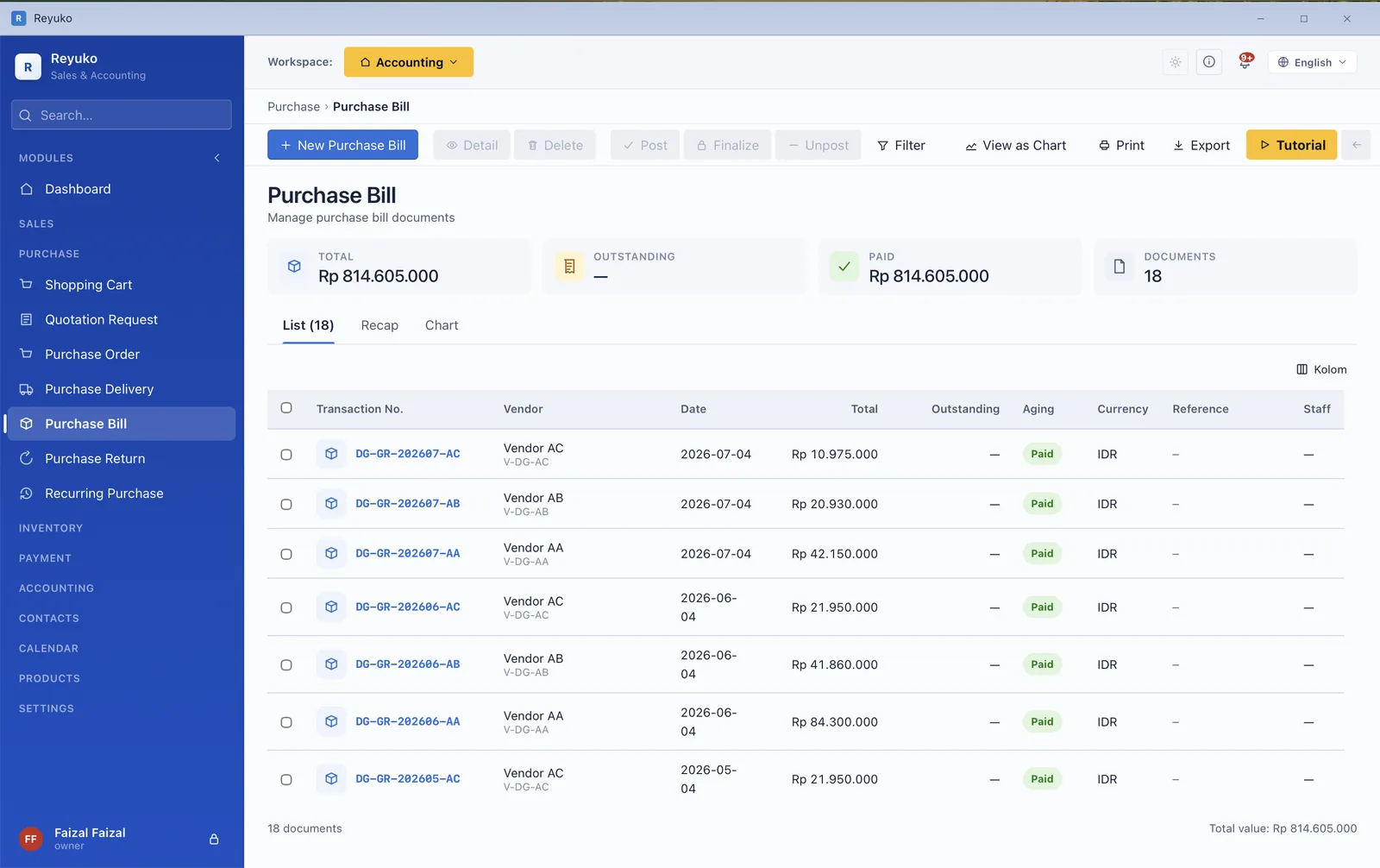Purchase bill list showing vendor bills with outstanding and paid totals