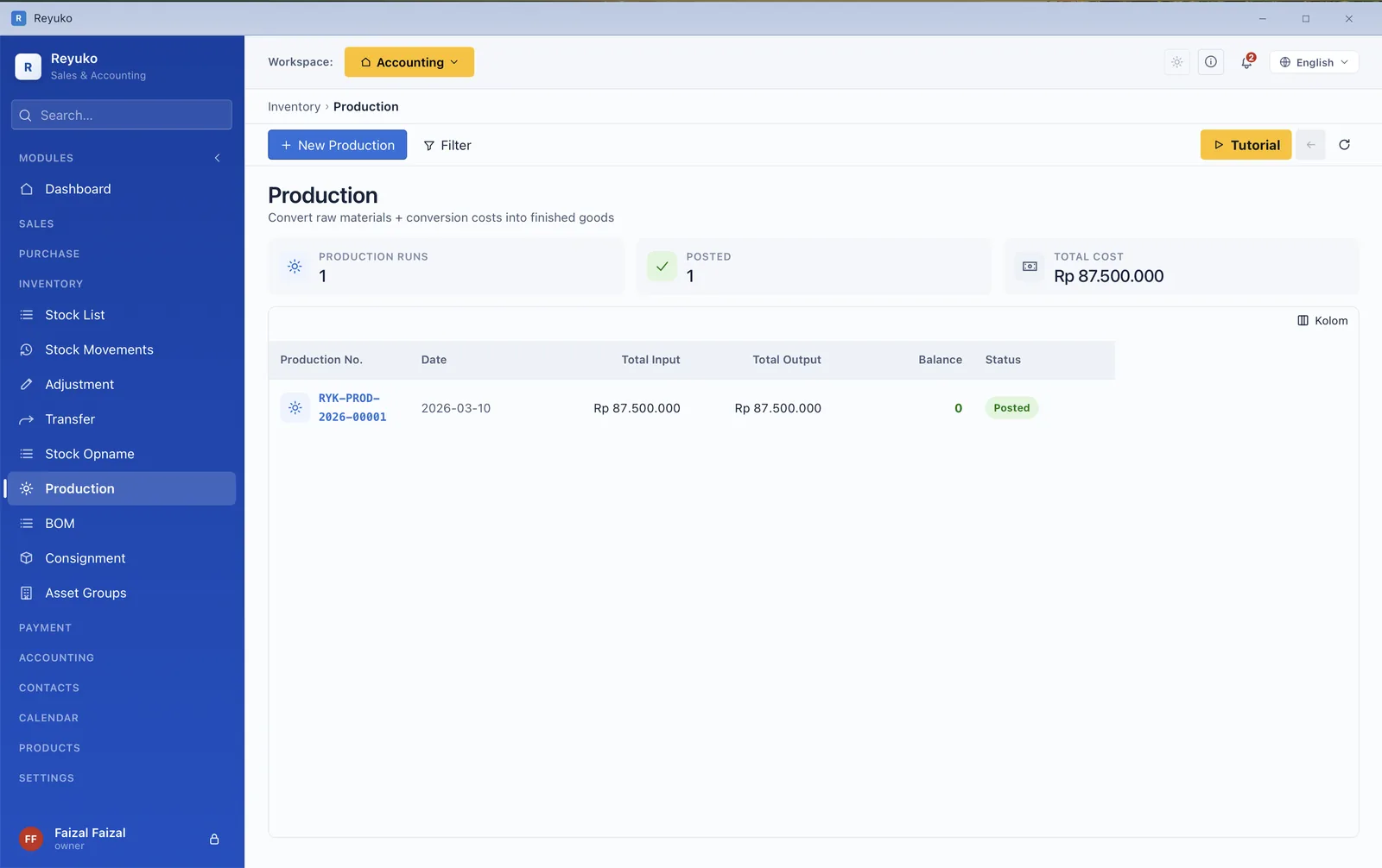 Production order showing inputs consumed and finished goods, balanced to zero