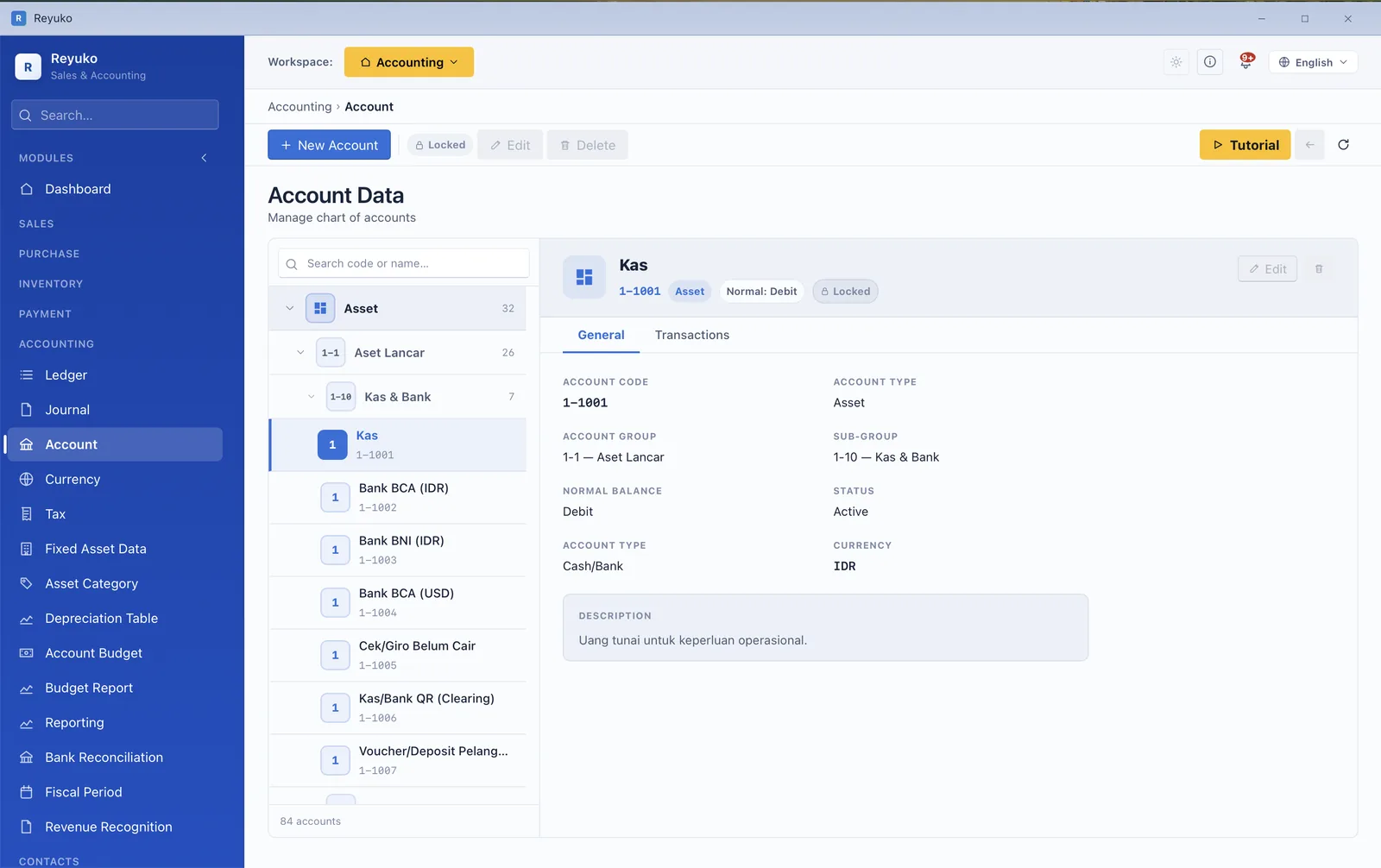 Chart of accounts tree with an account's detail panel