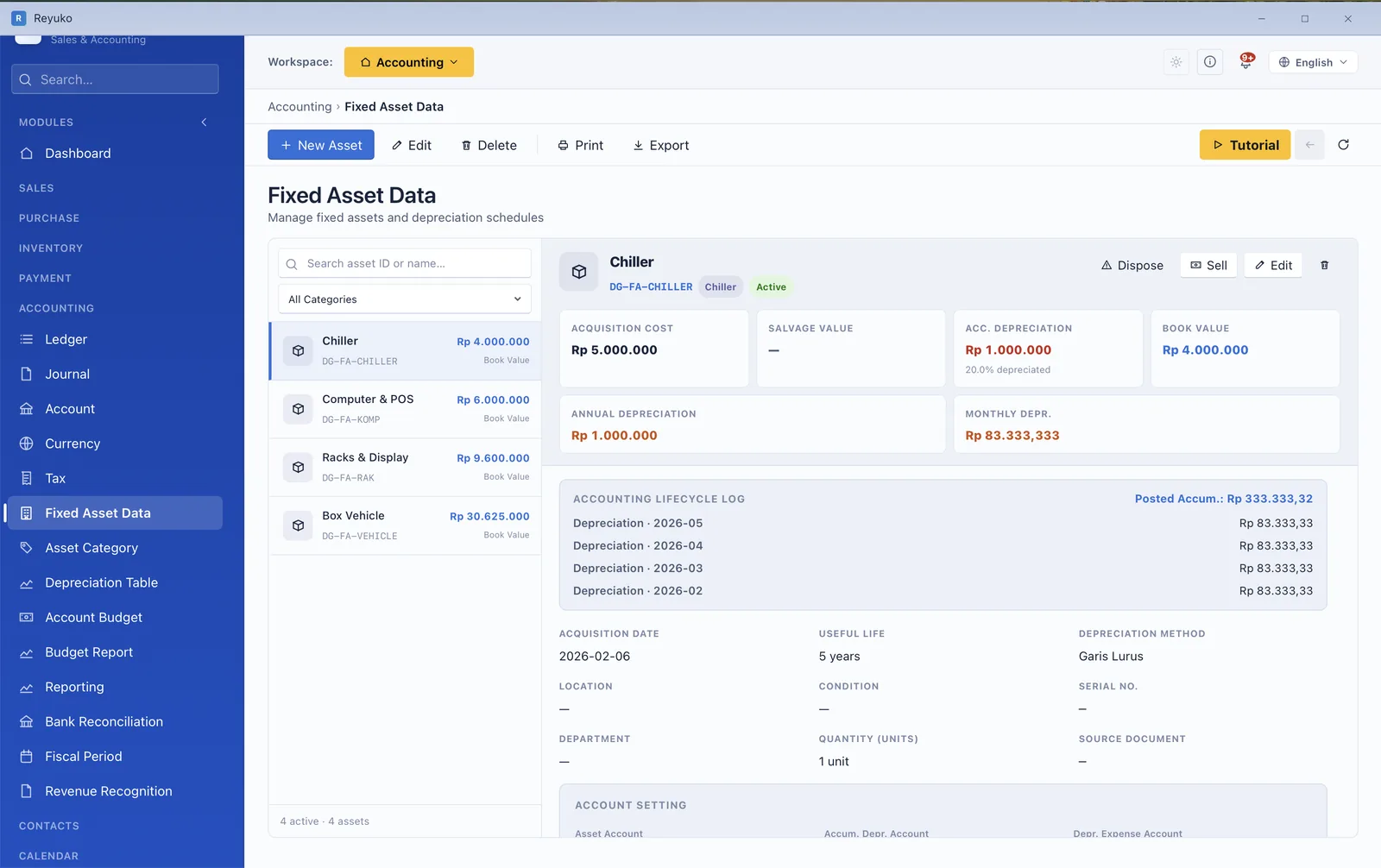 Fixed asset record with cost, depreciation figures and lifecycle log