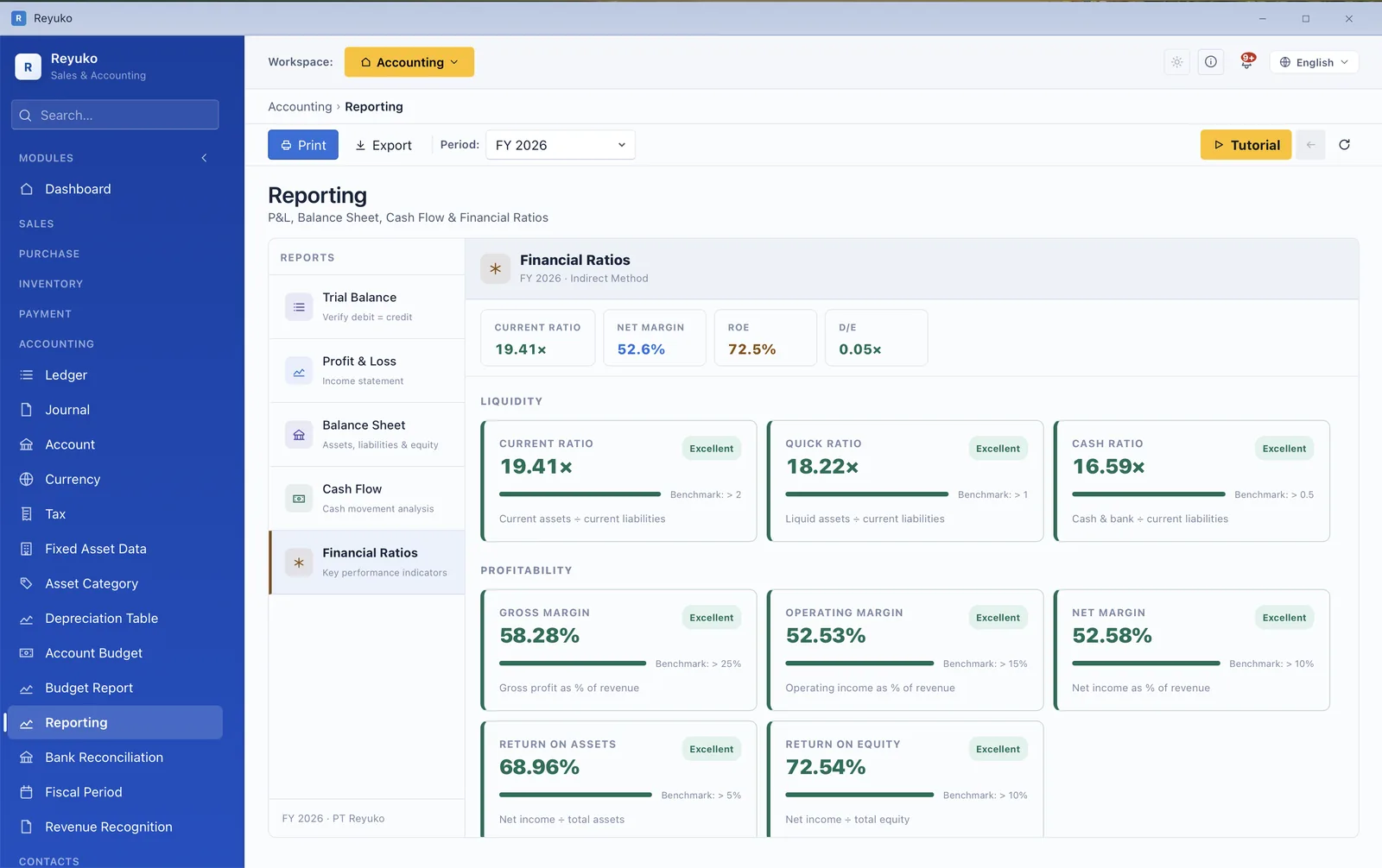 Financial ratios listed with benchmark and status