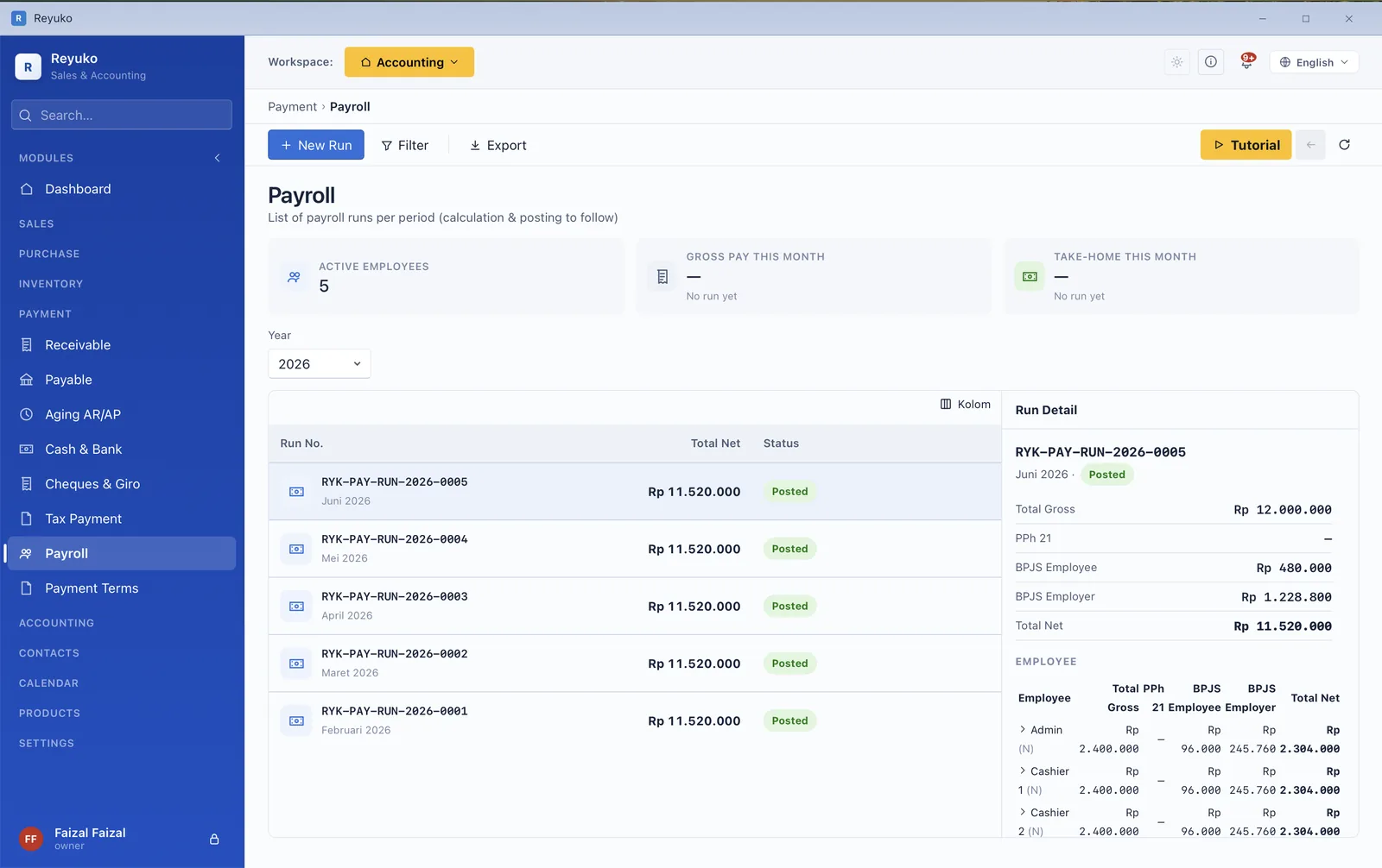 Reyuko payroll run showing employees with gross pay, BPJS and PPh 21 breakdown