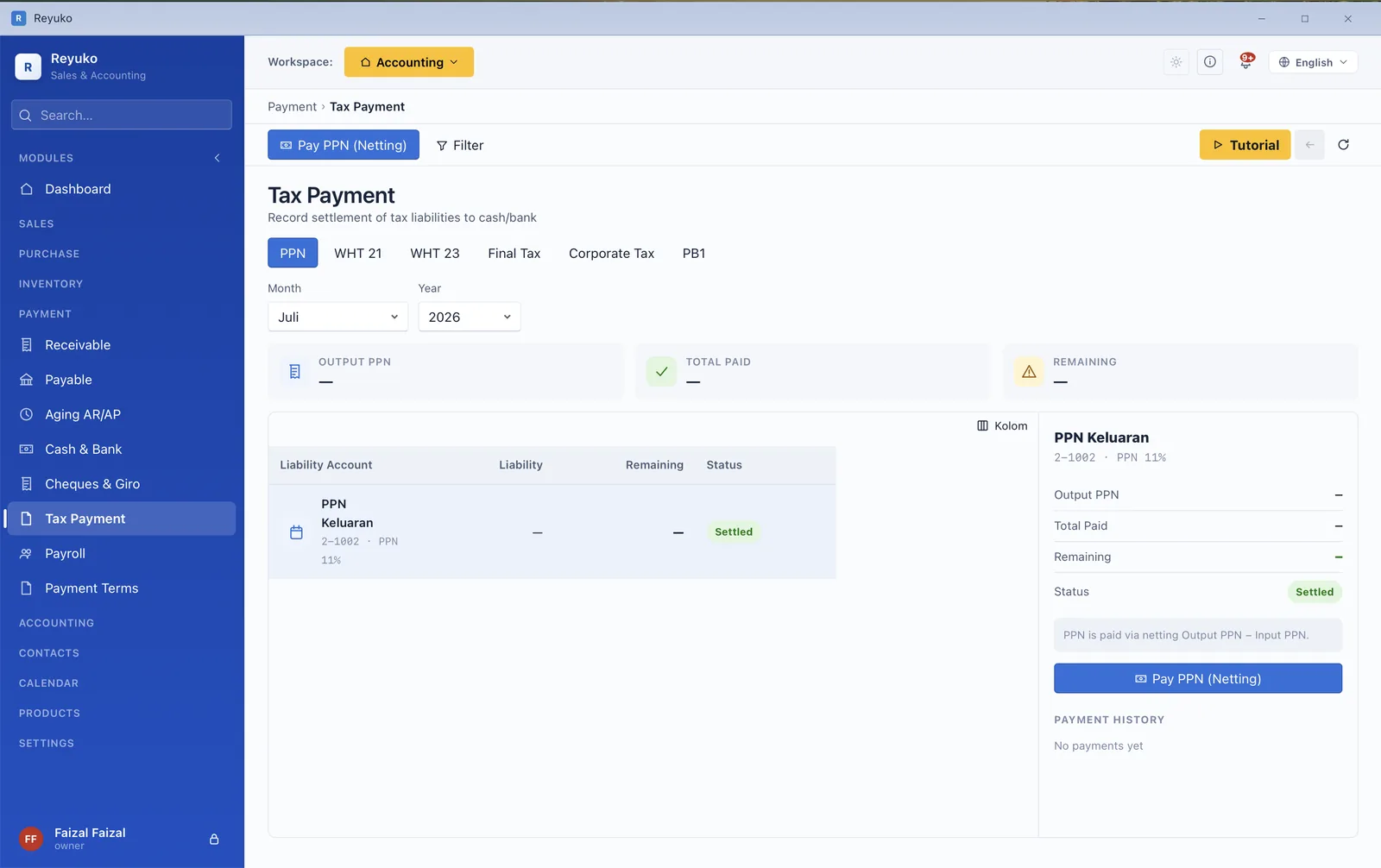 Tax payment screen with VAT and withholding tabs and the period settlement